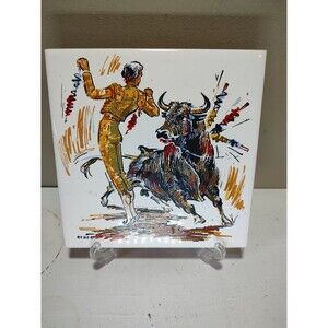 Vintage Tile CERAMIC BULLFIGHTER  MADE IN SPAIN 6" X 6" Tile Matador And Bull